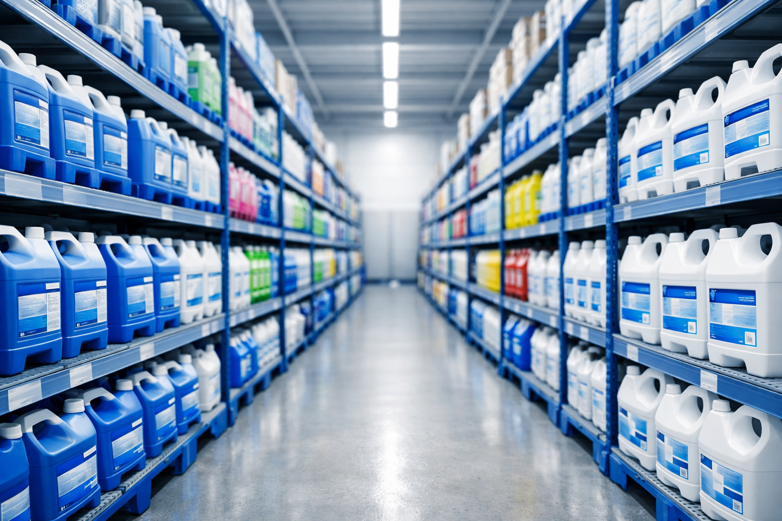 Prateleiras organizadas com produtos Quimilab e Valença Química